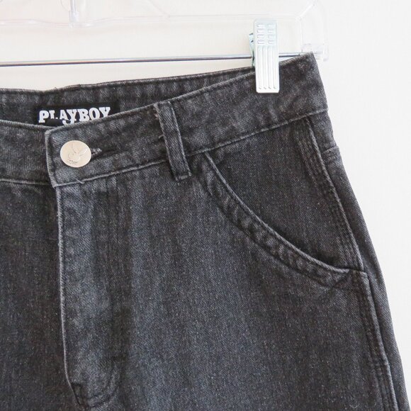 PLAYBOY Y2K Black Wide Leg High Rise Baggy Carpenter Jeans - Size 3 / 28 Waist - Picture 4 of 16